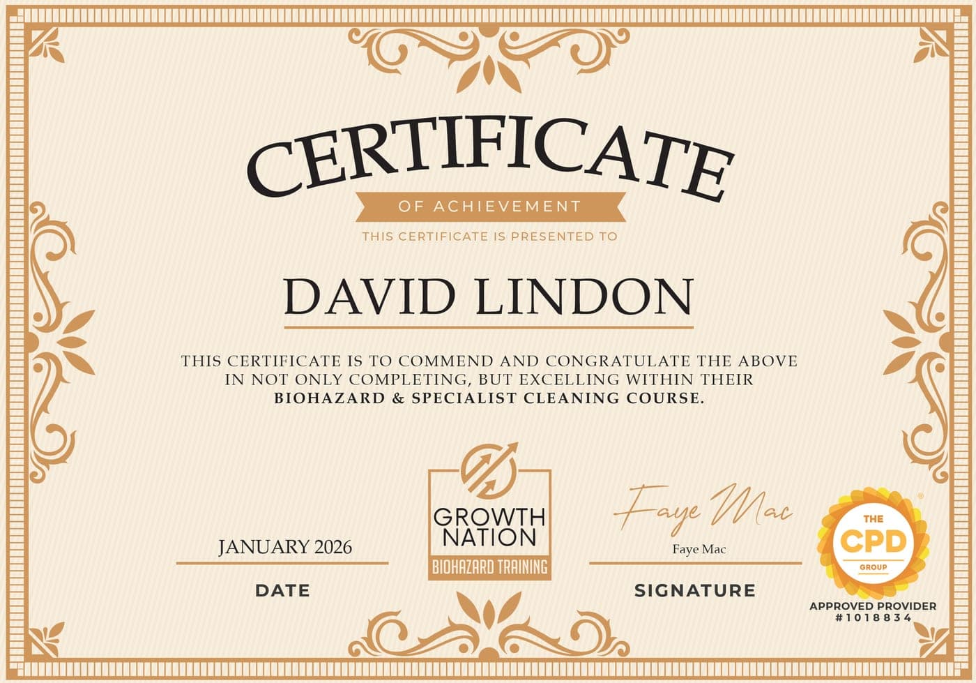 Certificate of achievement in Biohazard & Specialist Cleaning awarded to David Lindon by Growth Nation, CPD approved provider 1018834, January 2026